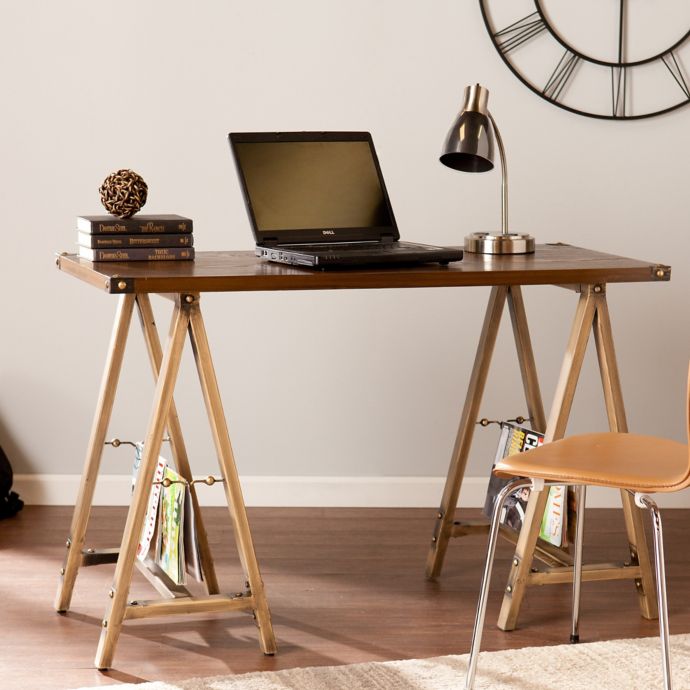 Southern Enterprises Downing Sawhorse Desk In Weathered Oak Bed