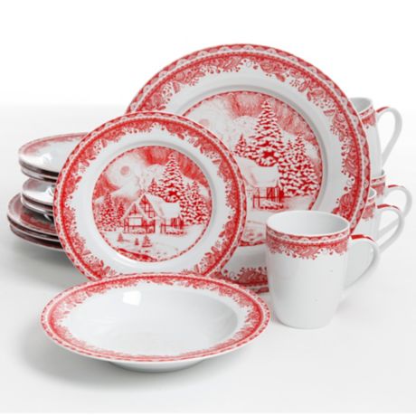 Gibson Elite Winter Cottage 16 Piece Dinnerware Set In White Red