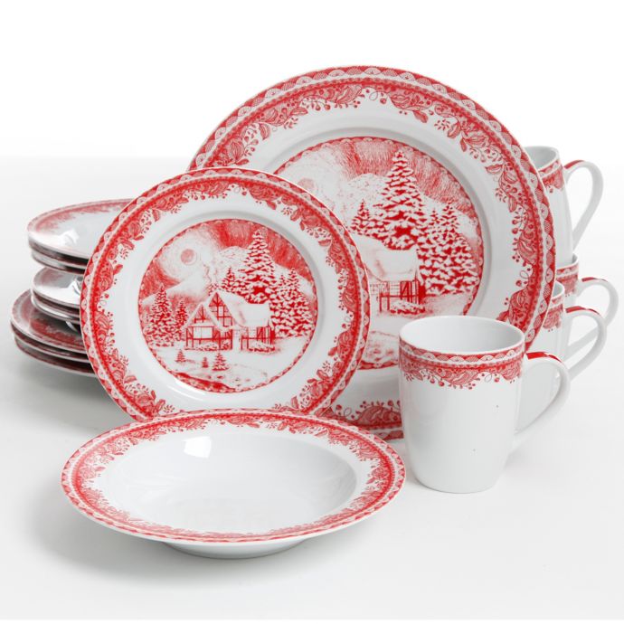 Gibson Elite Winter Cottage 16Piece Dinnerware Set in White/Red Bed