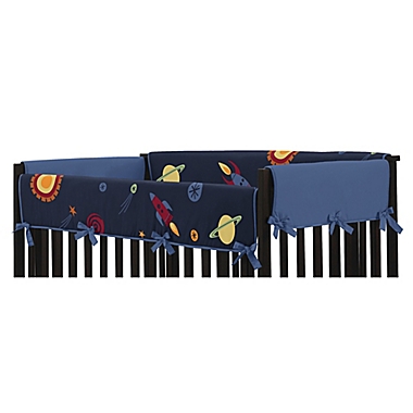 Sweet Jojo Designs Space Galaxy Reversible Long Crib Rail Cover in Navy/Green. View a larger version of this product image.