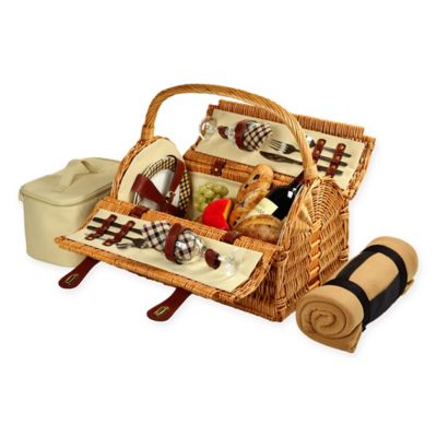 Picnic at Ascot Buckingham Willow Picnic Basket with Service for 4 with Blanket London Plaid