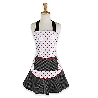 Adult Polka Dot Apron in Black with Ruffle Trim. View a larger version of this product image.