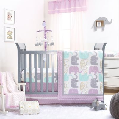 purple and grey elephant crib bedding