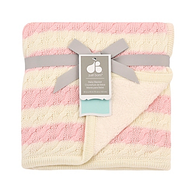 Just Born&reg; Awning Stripe Cable Knit Blanket in Soft Pink/White. View a larger version of this product image.