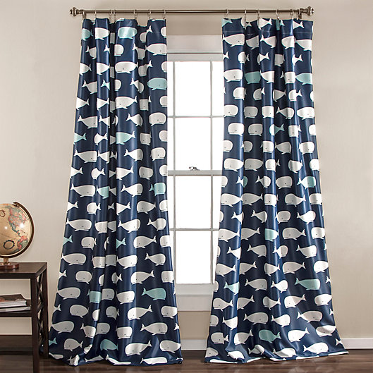 Alternate image 1 for Whale Print 84-Inch Room Darkening Window Curtain Panels  in Navy (Set of 2)