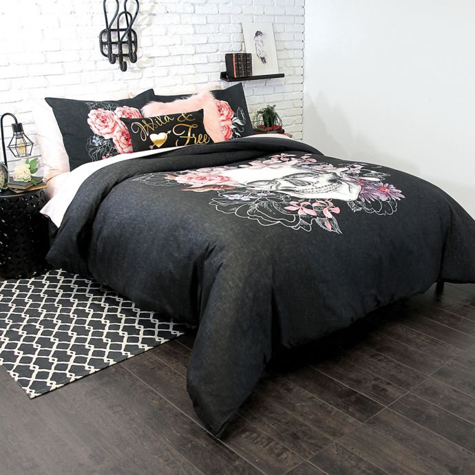 Sugar Skull Mini Duvet Cover Set In Charcoal Pink Bed Bath Beyond