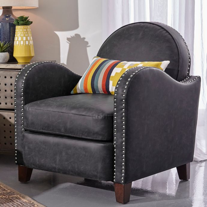 Pulaski Faux Leather Studded Curved Accent Chair in Grey | Bed Bath