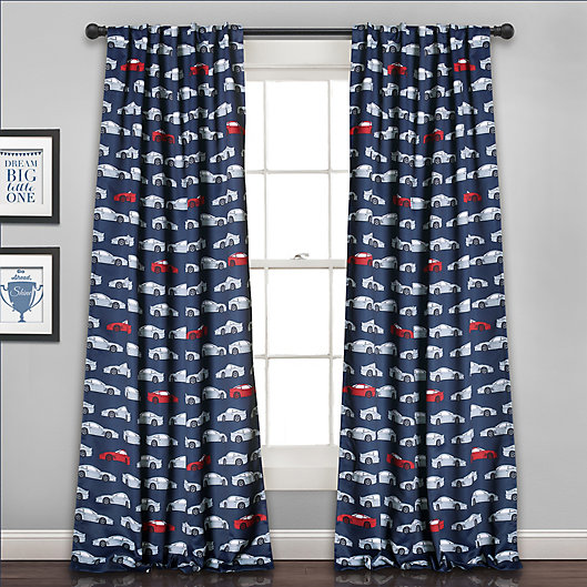 Alternate image 1 for Race Cars 84-Inch Room Darkening Rod Pocket Curtain Panels in Navy/Red (Set of 2)
