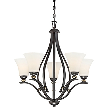 Minka Lavery&reg; Shadowglen 5-Light Chandelier in Lathan Bronze with Glass Shades. View a larger version of this product image.