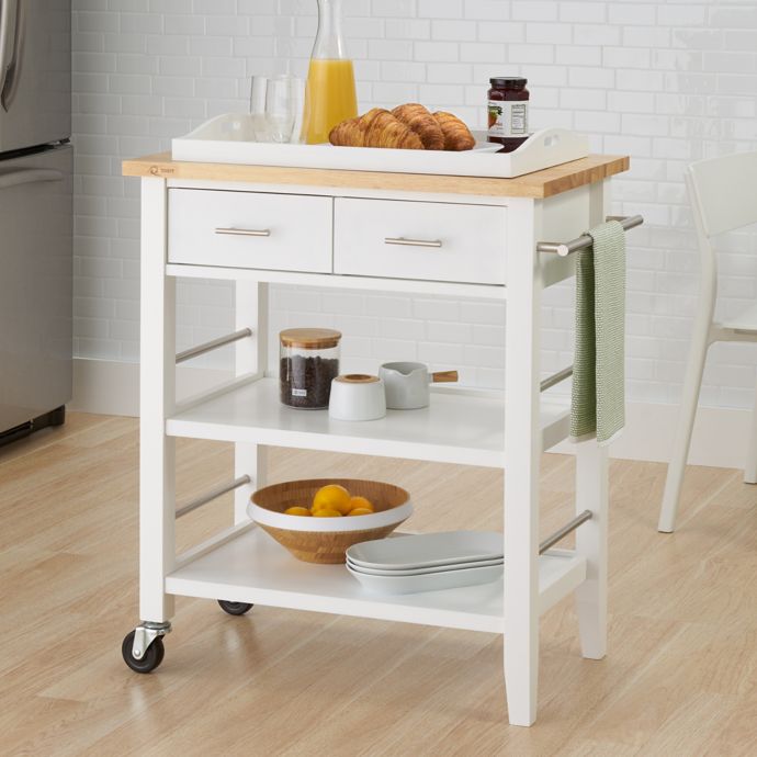 Trinity Wood Kitchen Cart With Drawers And Tray In White