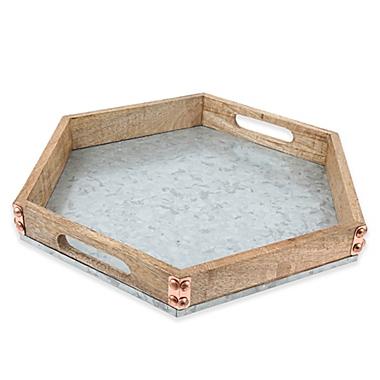 Thirstystone&reg; Mango Wood and Galvanized Iron Hexagon Tray. View a larger version of this product image.