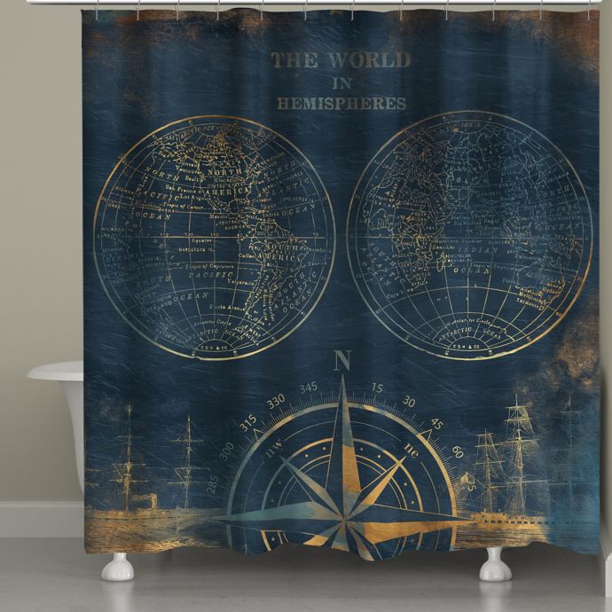 world map shower curtain bed bath and beyond Laural Home Golden Compass World Map Shower Curtain In Blue Bed world map shower curtain bed bath and beyond