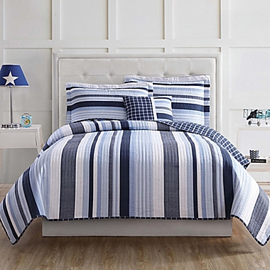 My World Mason Stripe Twin Quilt Set in Blue/White. View a larger version of this product image.