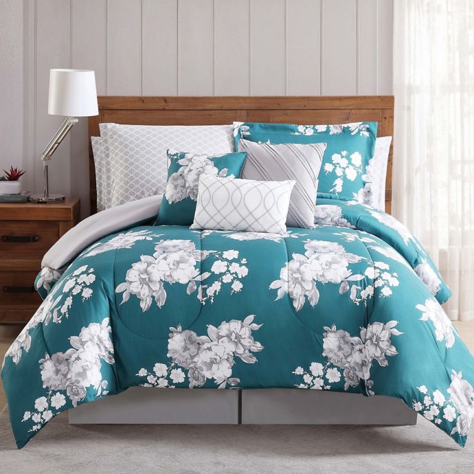 Peony Garden Floral Comforter Set In Teal Grey Bed Bath Beyond