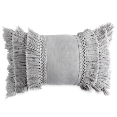 Check Smocked Fringe Oblong Throw Pillow in Grey