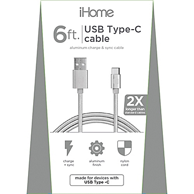 iHome&trade; 6-Foot Type C USB Cable in Silver. View a larger version of this product image.