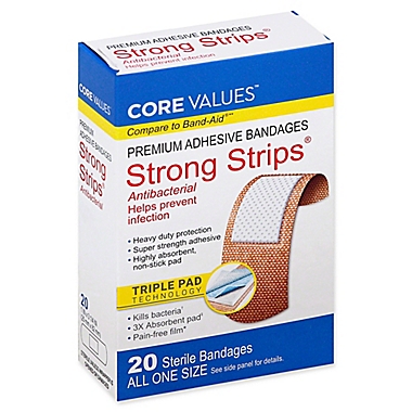 Core Values&trade; 20-Count 1-Inch Premium Antibacterial Strong-Strips Adhesive Bandage. View a larger version of this product image.