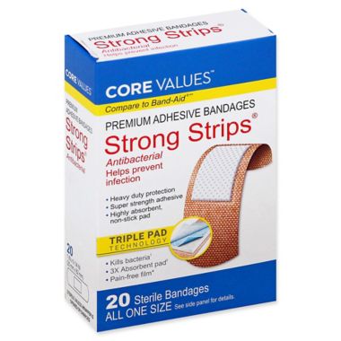 Core Values&trade; 20-Count 1-Inch Premium Antibacterial Strong-Strips Adhesive Bandage. View a larger version of this product image.