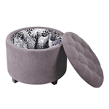 Madison Park Sasha Round Ottoman with Shoe Holder Insert in Grey. View a larger version of this product image.