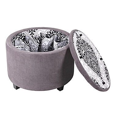 Madison Park Sasha Round Ottoman with Shoe Holder Insert in Grey. View a larger version of this product image.