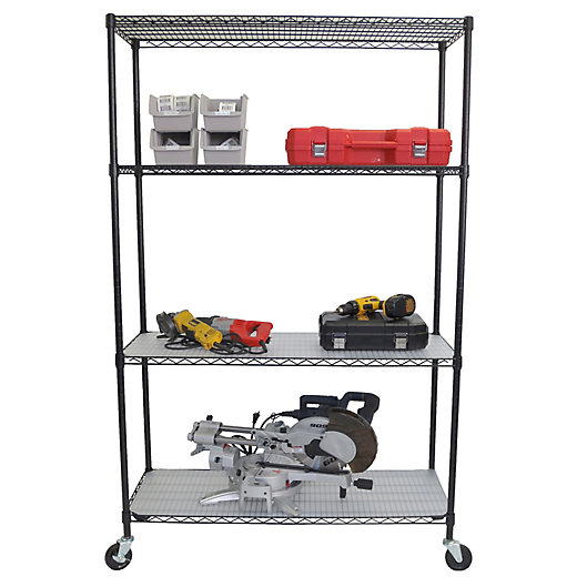 Alternate image 1 for Trinity Heavy-Duty Wheeled 4-Shelf Wire Rack with Liners in Black