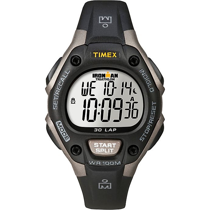 Timex® Ironman® Unisex 34mm Classic 30 Mid-Size Watch in Resin with Black/Grey Resin Strap | Bed