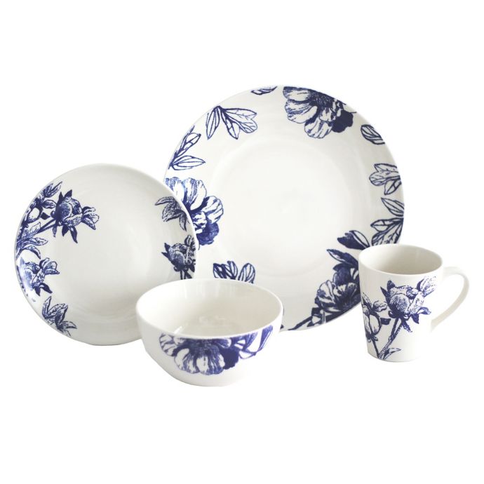 Baum Botanical 16Piece Dinnerware Set in Blue/Ivory Bed Bath and