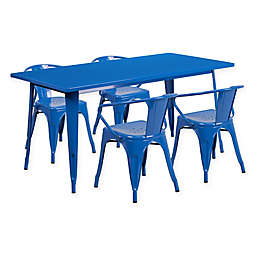 Flash Furniture 5-Piece Metal Indoor Rectangle Table and Stackable Chairs Set in Blue