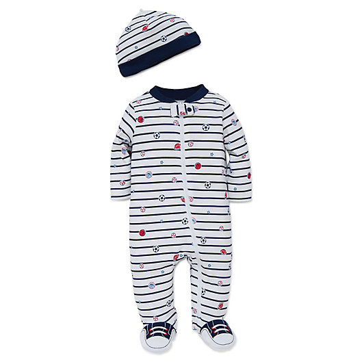 Alternate image 1 for Little Me® Preemie 2-Piece Striped Sports Star Footie and Hat Set in White