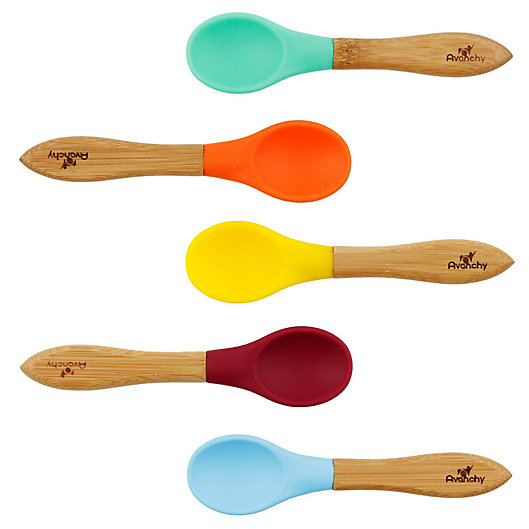 Alternate image 1 for Avanchy Bamboo + Silicone Baby Feeding Spoons in Blue (Set of 5)