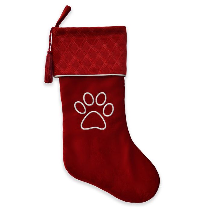 Harvey Lewis™ Luxurious Silver Embroidered Velvet Paw Stocking in Red