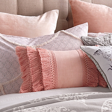 Chenille Lattice Fringe Oblong Throw Pillow in Blush. View a larger version of this product image.