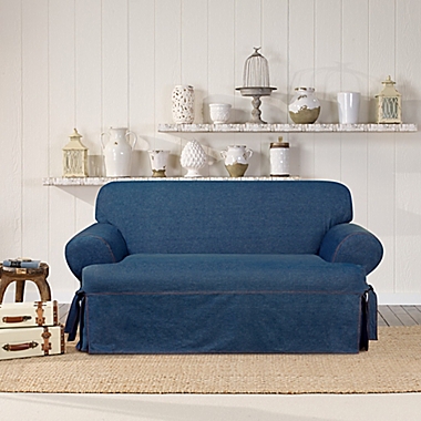 SUREFIT Authentic Denim T-Cushion Loveseat Slipcover in Indigo. View a larger version of this product image.