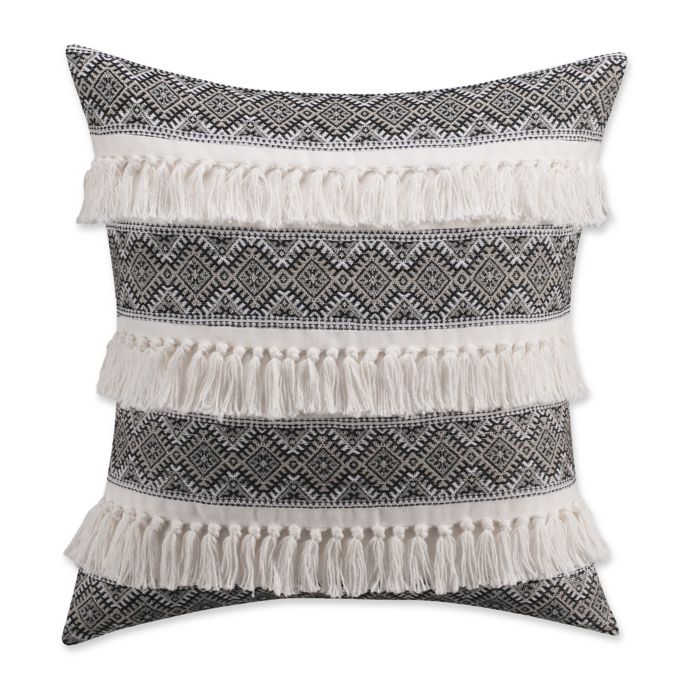 Cupcakes and Cashmere Folk Floral Fringe Square Throw Pillow in Black/White Bed Bath and