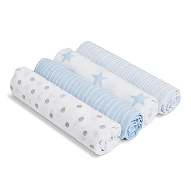 aden + anais&trade; essentials Dapper 4-Pack Cotton Muslin Swaddles in Blue. View a larger version of this product image.