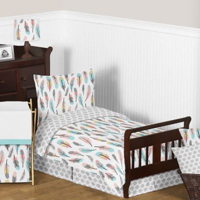 Sweet Jojo Designs Feather 5-Piece Toddler Bedding Set in Turquoise/Coral
