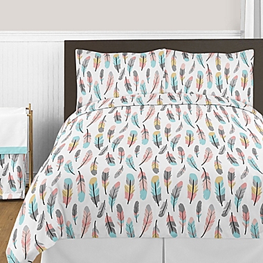 Sweet Jojo Designs Feather Bedding Collection in Turquoise/Coral. View a larger version of this product image.