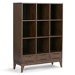 Simpli Home Harper Solid Hardwood Cube Storage with Drawers in Walnut Brown