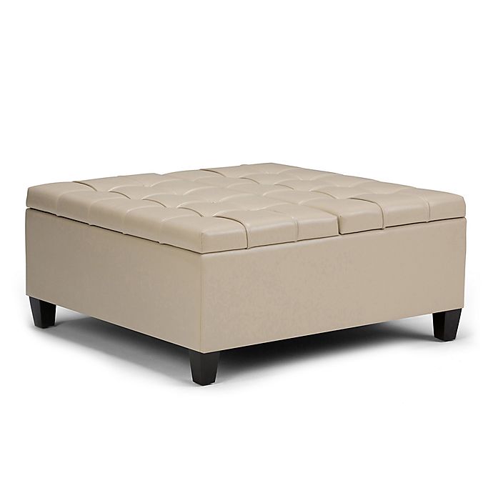 Simpli Home Harrison Upholstered Coffee, Leather Coffee Table Ottoman With Storage