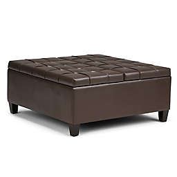 Simpli Home Harrison Faux Leather Coffee Table Storage Ottoman in Chocolate Brown