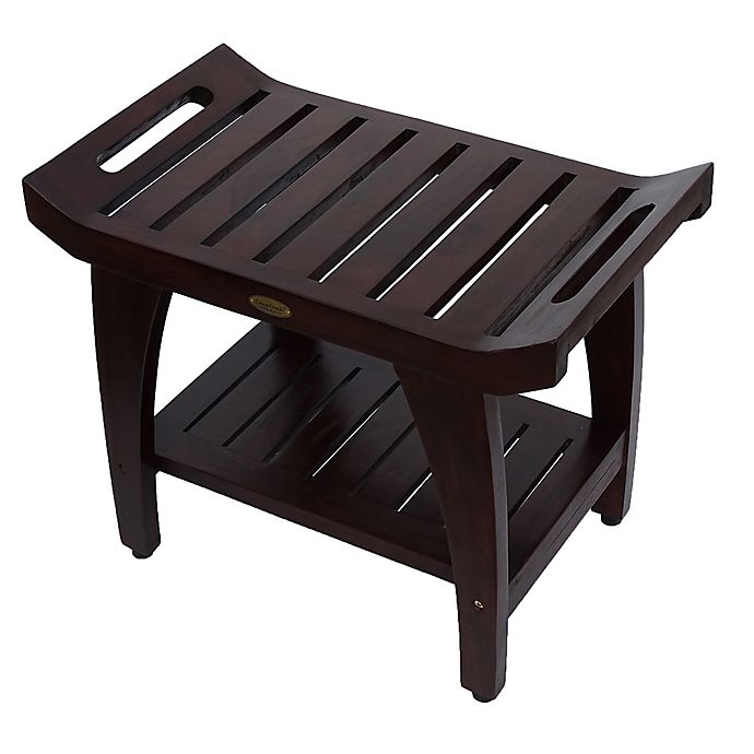 Tranquility 24 Inch Teak Bench With Shelf And Arms