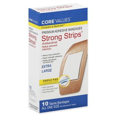 Core Values&trade; 10-Count Strong Strips Extra Large Antibacterial Adhesive Bandages. View a larger version of this product image.