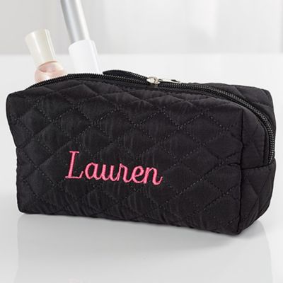 Embroidered Quilted Cosmetic Bag in Black