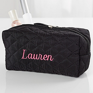 Embroidered Quilted Cosmetic Bag in Black. View a larger version of this product image.