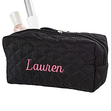 Embroidered Quilted Cosmetic Bag in Black. View a larger version of this product image.