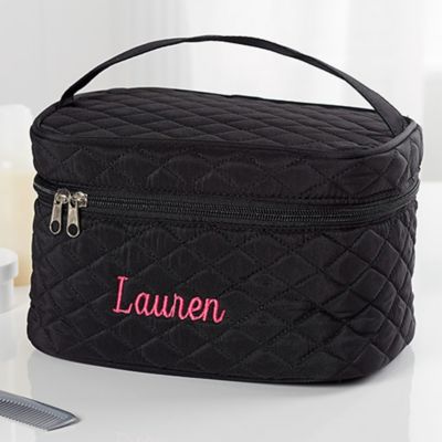 Embroidered Quilted Train Case in Black