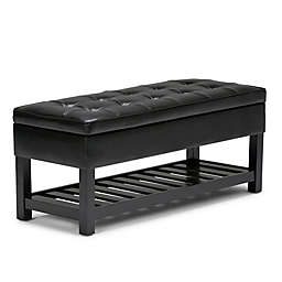 Simpli Home Cosmopolitan Faux Leather Storage Ottoman Bench with Open Bottom in Midnight Black