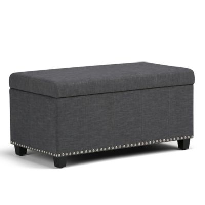 Simpli Home Amelia Upholstered Storage Bench in Slate Grey Linen-Look Fabric