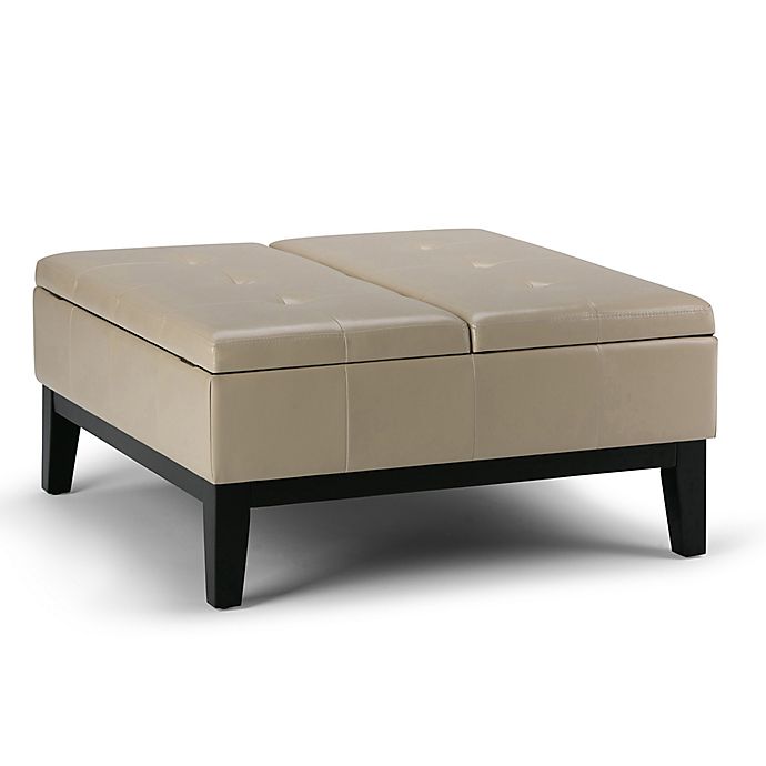 Simpli Home Dover Square Coffee Table, Leather Coffee Table Storage Ottoman