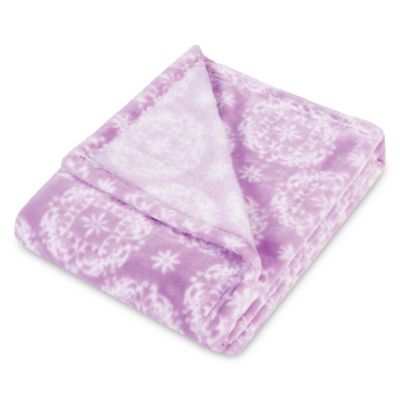 purple and white baby blanket